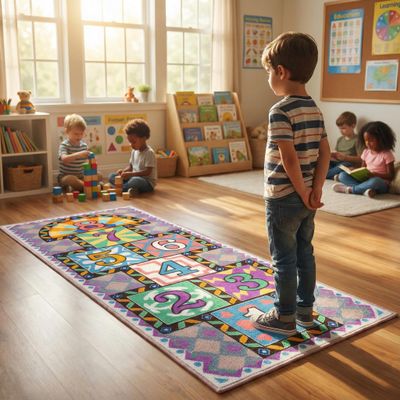 saihe Hopscotch Rug for Kids-Kids Rugs for Bedroom & playroom mat- Classroom Rug- 26"x59" Washable Play Mat with Non-Slip TPR Backing, 2 Bean Bags, Easy to Store, Intertek Certified, Indoor/Outdoor