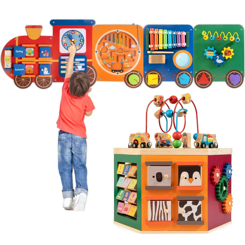WOODMAM Wooden Activity Cube & Wall Panel Set, Montessori Toys for Toddlers Learning