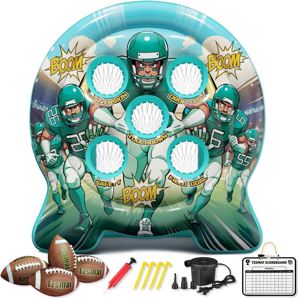6Ft Inflatable Football Target Toss Game - Giant Outdoor Carnival Party Games for Backyard & Tailgate - Arcade Sports Toy with Electric Pump - 4 Easy-Grip Balls Gifts for Boys 3 4 5 6 7 8-12 Year Old