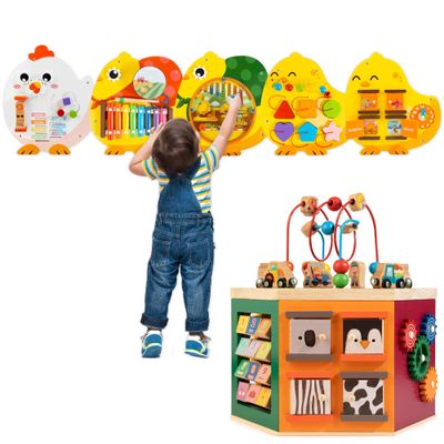 WOODMAM Montessori Wooden Activity Cube & Chick Wall Panel Set - 20 Learning Games for Toddlers
