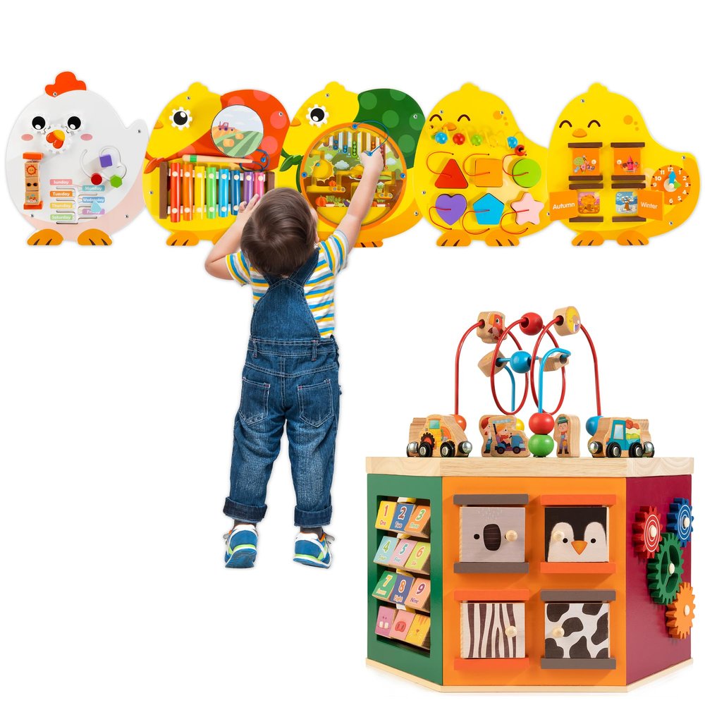 WOODMAM Montessori Wooden Activity Cube & Chick Wall Panel Set - 20 Learning Games for Toddlers