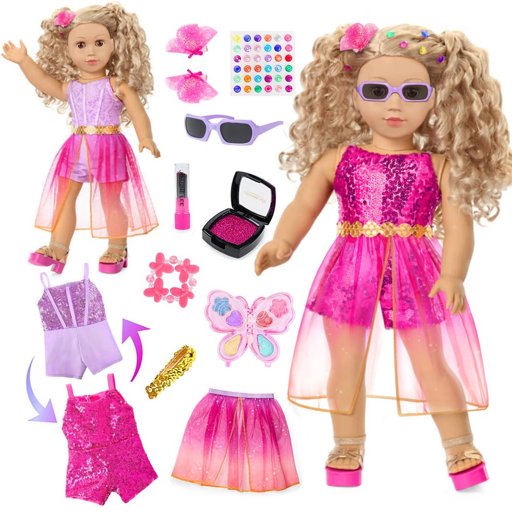 18 Inch Girl Doll Clothes and Makeup Accessories Playset, Included 2 Sets Doll Clothes, Gauze Skirt, Sunglasses, Belt, Stickers, Hair Clips, Bracelets, Eyeshadow, Lipstick, Blush (No Dolls and Shoes)