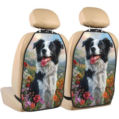 Border Collie Dog Car Seat Back Kick Protectors,2 Pack Kick Mats with Storage Pockets for Vehicles to Protect from Dirt Mud Scratches