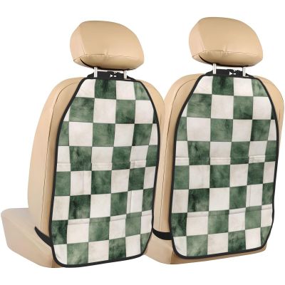 Green And White Checkered Car Seat Back Kick Protectors,2 Pack Kick Mats With Storage Pockets For Vehicles To Protect From Dirt Mud Scratches