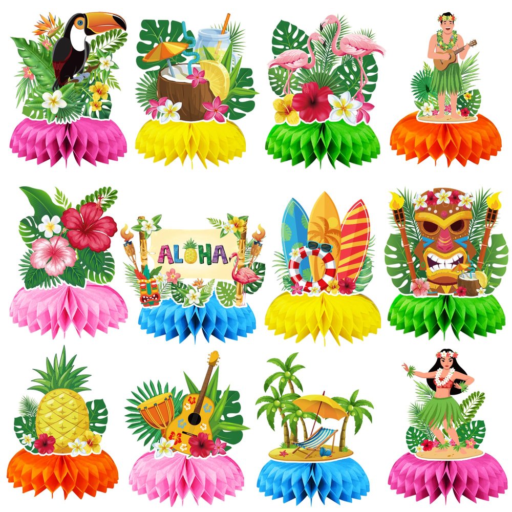 12PCS Luau Party Decorations Honeycomb Centerpieces, Hawaiian Party Decorations Table Decorations for Tropical Aloha Weeding Birthday Party Supplies