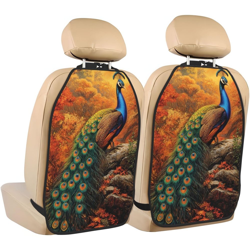 Peacock Car Seat Back Kick Protectors,2 Pack Kick Mats With Storage Pockets For Vehicles To Protect From Dirt Mud Scratches