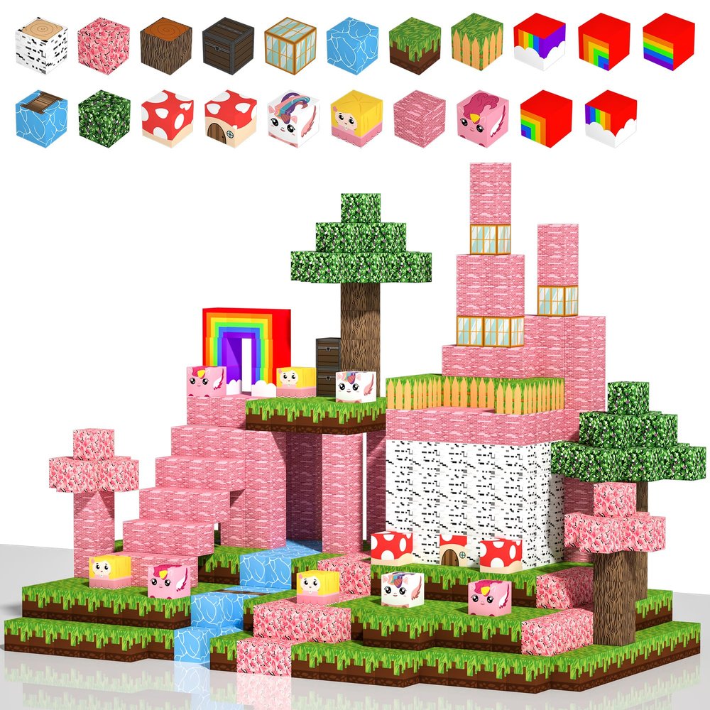 150PCS Magnetic Building Blocks for Kids - Unicorn Princess Pixel Magnetic Blocks 0.8in, Grassland Mine World Magnet Cubes Toys, STEM Sensory Toys for 3 4 9 10 Year Old Girl Christmas Birthday Gifts