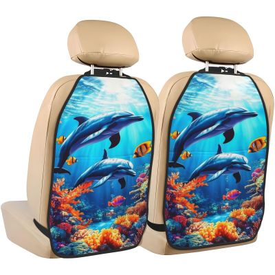 Two Dolphins Swimming Car Seat Back Kick Protectors,2 Pack Kick Mats With Storage Pockets For Vehicles To Protect From Dirt Mud Scratches