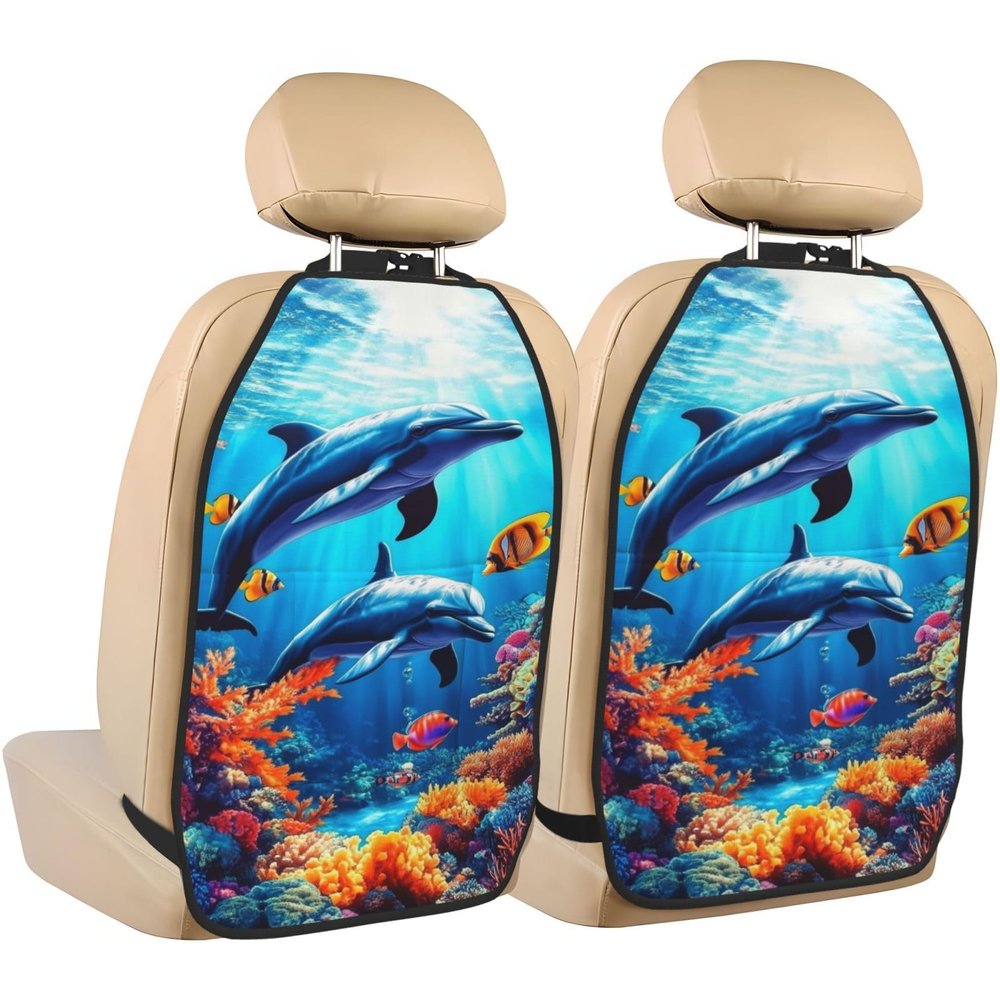 Two Dolphins Swimming Car Seat Back Kick Protectors,2 Pack Kick Mats With Storage Pockets For Vehicles To Protect From Dirt Mud Scratches