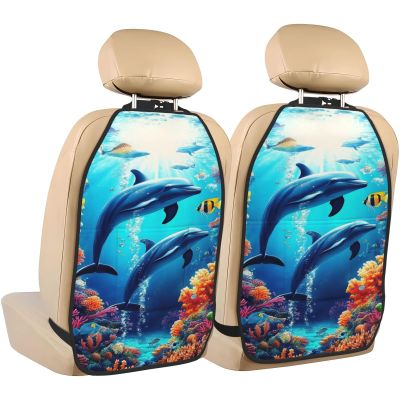 Dolphins Swimming Car Seat Back Kick Protectors,2 Pack Kick Mats With Storage Pockets For Vehicles To Protect From Dirt Mud Scratches