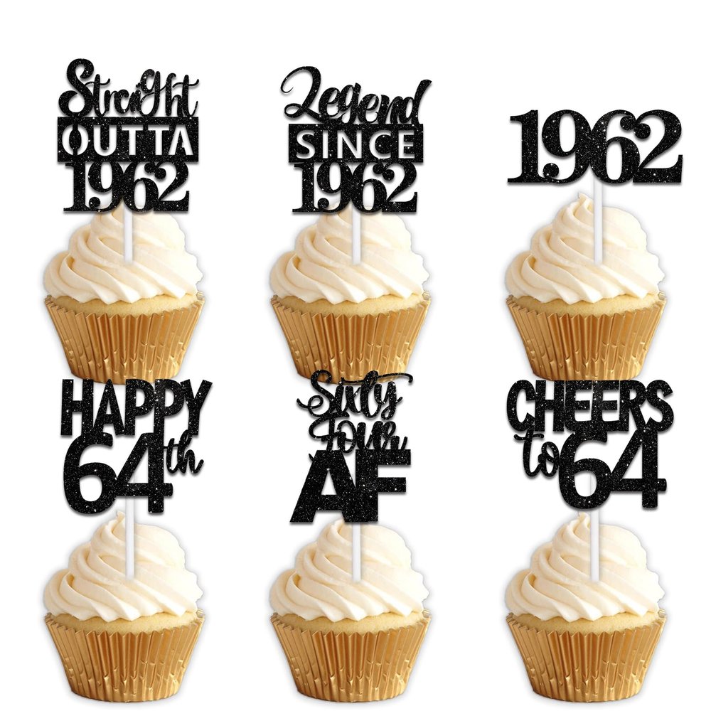18pcs Black Glitter Dessert Cupcake Pick for Straight Outta 1962 Legend Since 1962 Theme Decor Supplies Men Happy 64th Birthday Party Decoration