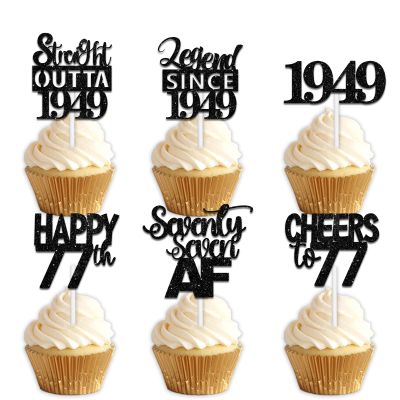 18pcs Black Glitter Dessert Cupcake Pick for Straight Outta 1949 Legend Since 1949 Theme Decor Supplies Men Happy 77th Birthday Party Decoration