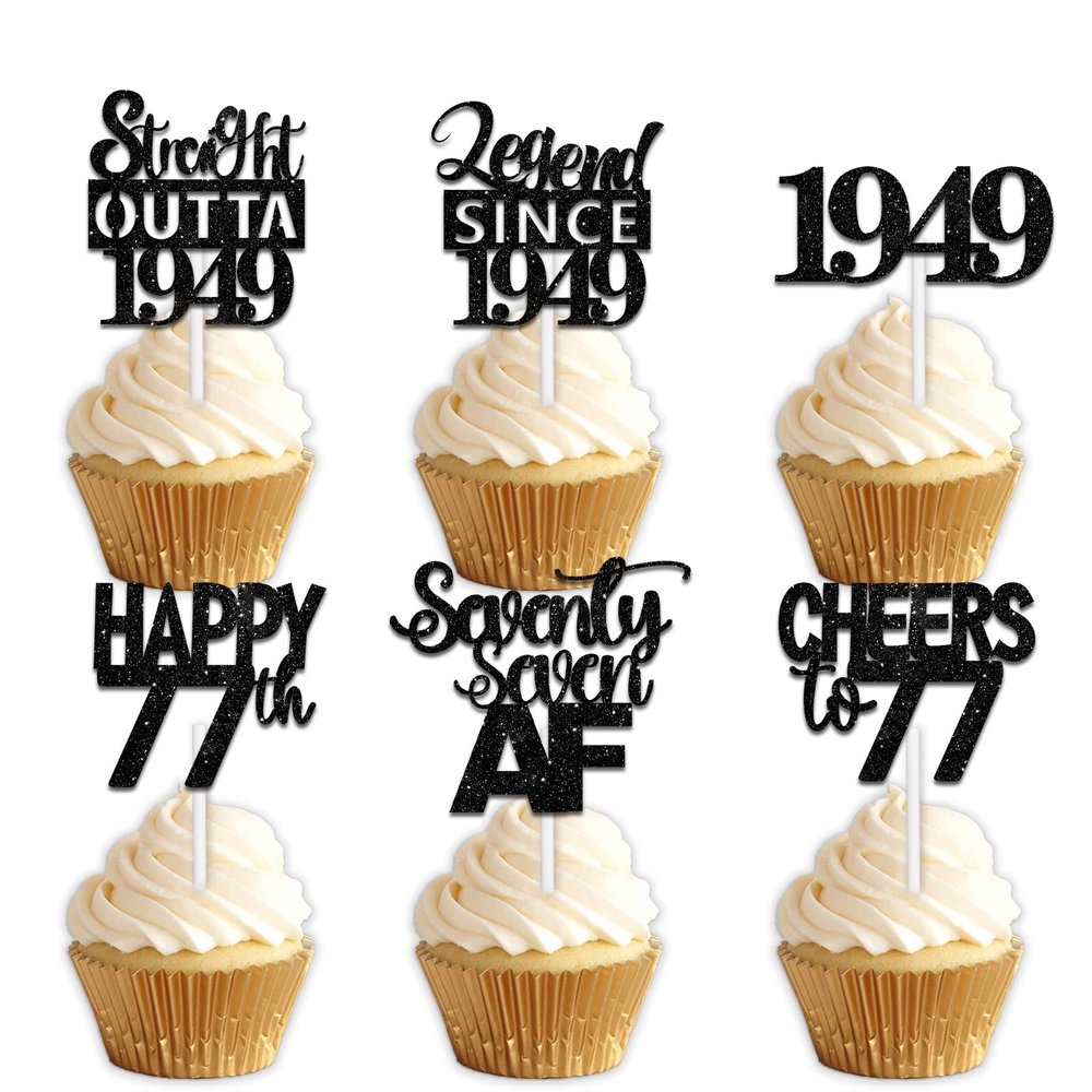 18pcs Black Glitter Dessert Cupcake Pick for Straight Outta 1949 Legend Since 1949 Theme Decor Supplies Men Happy 77th Birthday Party Decoration