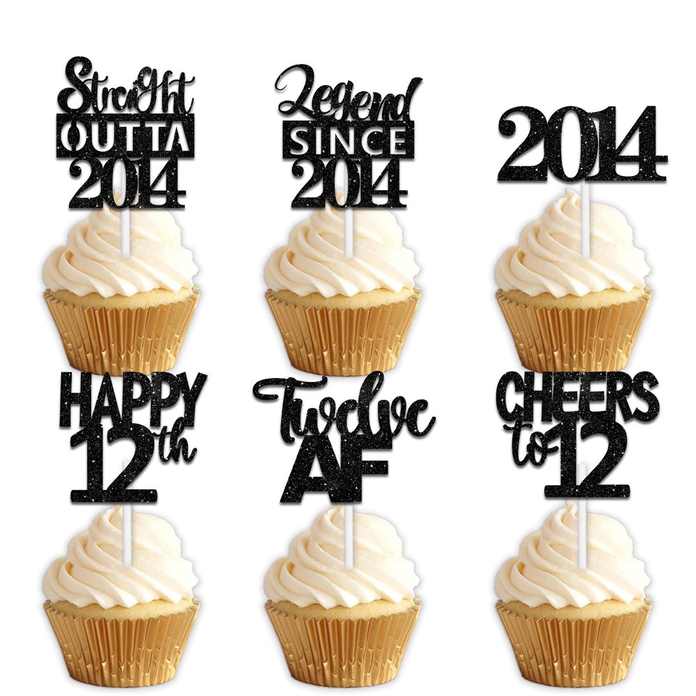 18pcs Black Glitter Dessert Cupcake Pick for Straight Outta 2014 Legend Since 2014 Theme Decor Supplies Boys Happy 12th Birthday Party Decoration