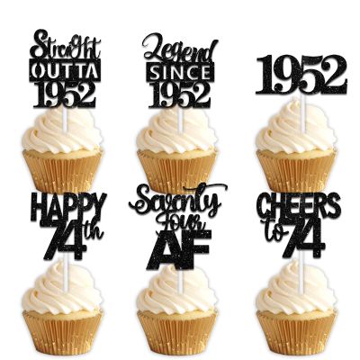 18pcs Black Glitter Dessert Cupcake Pick for Straight Outta 1952 Legend Since 1952 Theme Decor Supplies Men Happy 74th Birthday Party Decoration
