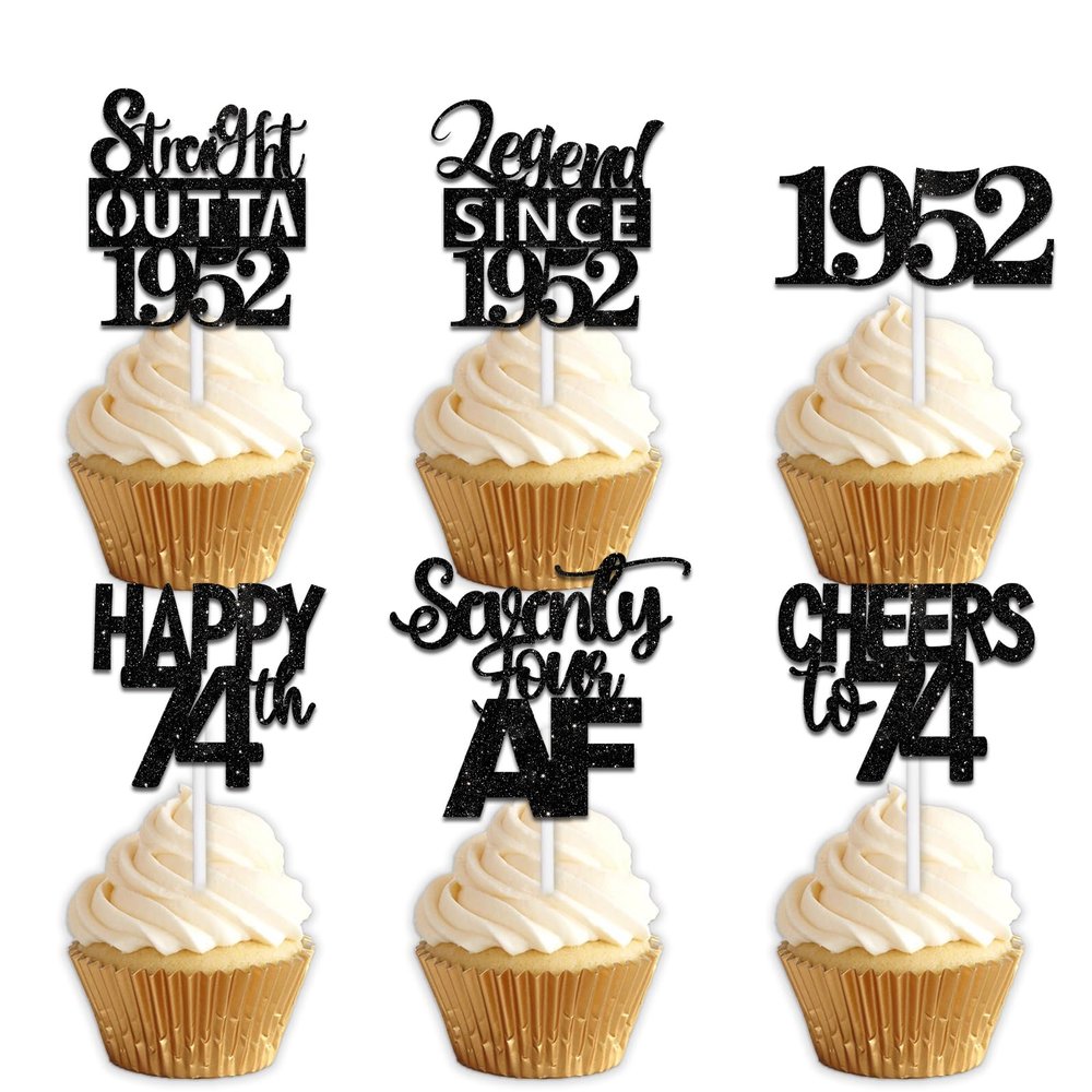 18pcs Black Glitter Dessert Cupcake Pick for Straight Outta 1952 Legend Since 1952 Theme Decor Supplies Men Happy 74th Birthday Party Decoration