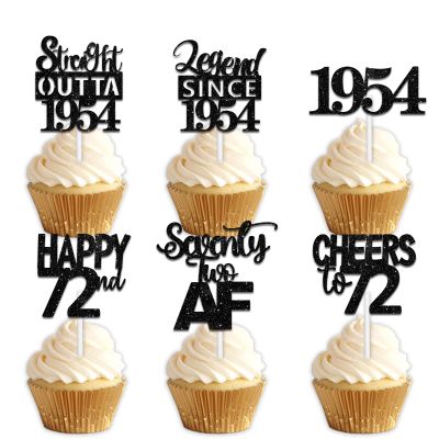 18pcs Black Glitter Dessert Cupcake Pick for Straight Outta 1954 Legend Since 1954 Theme Decor Supplies Men Happy 72nd Birthday Party Decoration