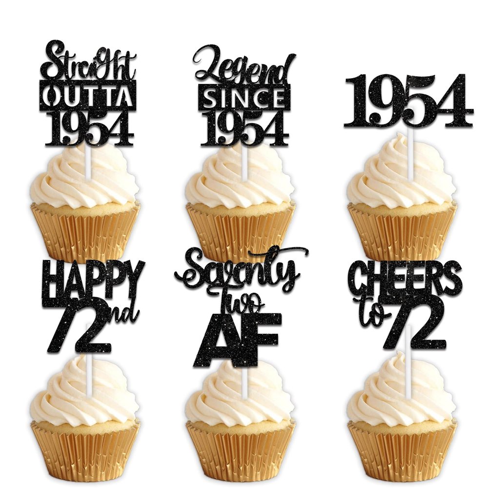 18pcs Black Glitter Dessert Cupcake Pick for Straight Outta 1954 Legend Since 1954 Theme Decor Supplies Men Happy 72nd Birthday Party Decoration