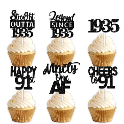 18pcs Black Glitter Dessert Cupcake Pick for Straight Outta 1935 Legend Since 1935 Theme Decor Supplies Men Happy 91st Birthday Party Decoration