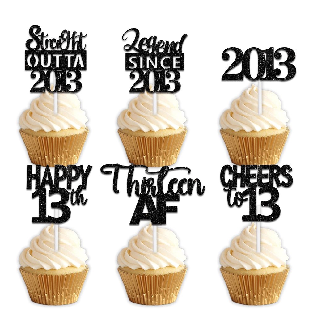18pcs Black Glitter Dessert Cupcake Pick for Straight Outta 2013 Legend Since 2013 Theme Decor Supplies Boys Happy 13th Birthday Party Decoration