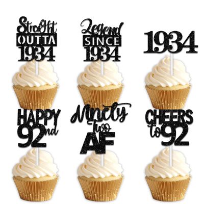 18pcs Black Glitter Dessert Cupcake Pick for Straight Outta 1934 Legend Since 1934 Theme Decor Supplies Men Happy 92nd Birthday Party Decoration
