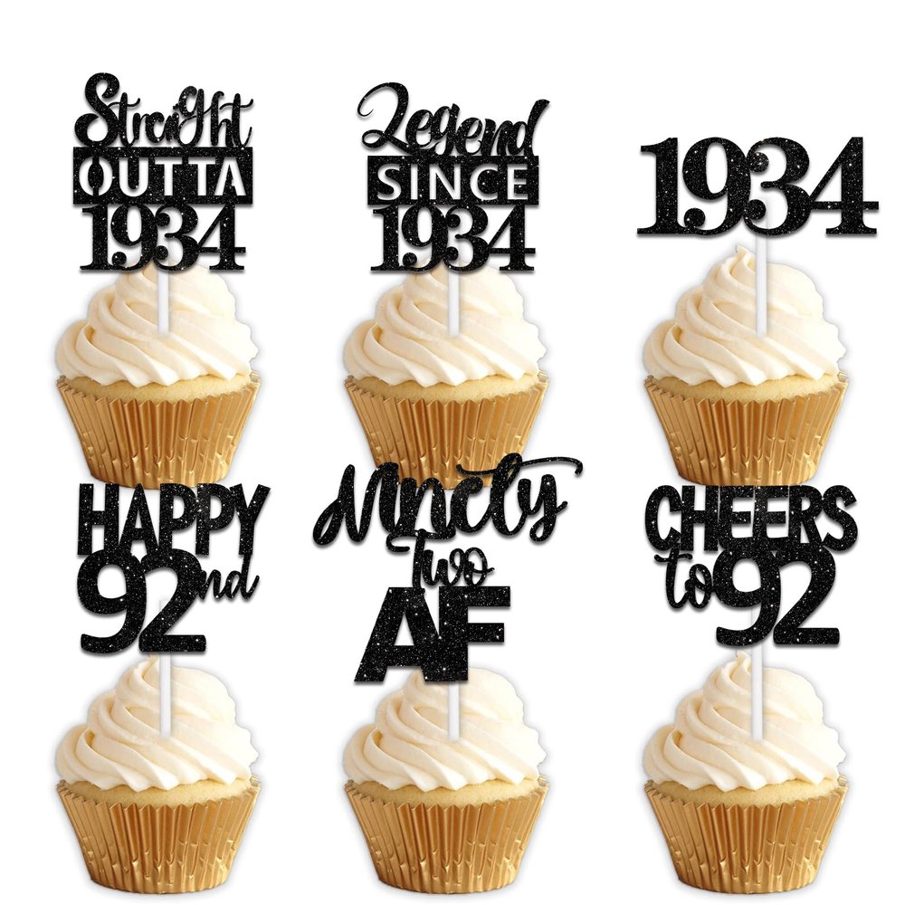 18pcs Black Glitter Dessert Cupcake Pick for Straight Outta 1934 Legend Since 1934 Theme Decor Supplies Men Happy 92nd Birthday Party Decoration