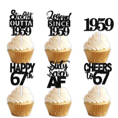 18pcs Black Glitter Dessert Cupcake Pick for Straight Outta 1959 Legend Since 1959 Theme Decor Supplies Men Happy 67th Birthday Party Decoration