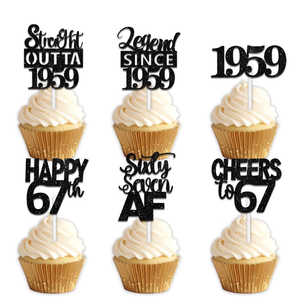 18pcs Black Glitter Dessert Cupcake Pick for Straight Outta 1959 Legend Since 1959 Theme Decor Supplies Men Happy 67th Birthday Party Decoration