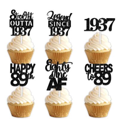 18pcs Black Glitter Dessert Cupcake Pick for Straight Outta 1937 Legend Since 1937 Theme Decor Supplies Men Happy 89th Birthday Party Decoration