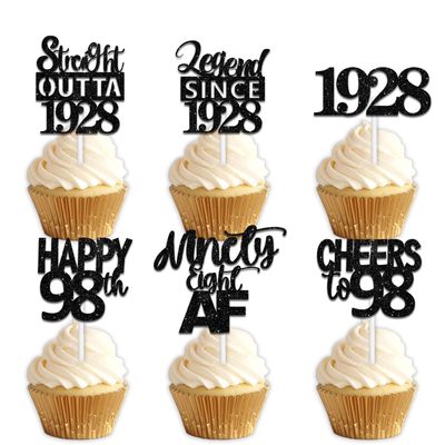 18pcs Black Glitter Dessert Cupcake Pick for Straight Outta 1928 Legend Since 1928 Theme Decor Supplies Men Happy 98th Birthday Party Decoration