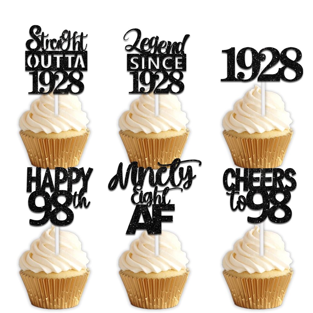 18pcs Black Glitter Dessert Cupcake Pick for Straight Outta 1928 Legend Since 1928 Theme Decor Supplies Men Happy 98th Birthday Party Decoration