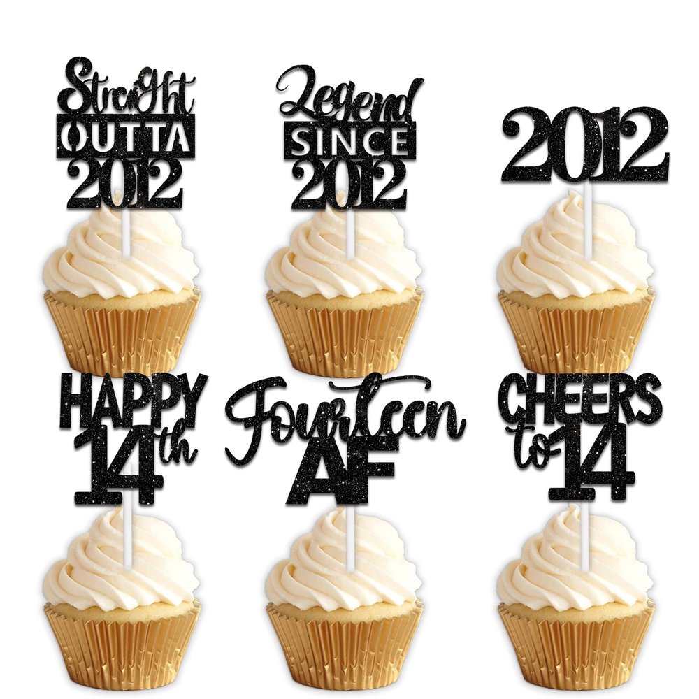 18pcs Black Glitter Dessert Cupcake Pick for Straight Outta 2012 Legend Since 2012 Theme Decor Supplies Men Happy 14th Birthday Party Decoration