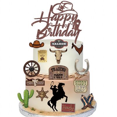16 Pcs Cowboy Cake Toppers Glitter Cowboy Hat Cake Decorations Western Theme Happy Birthday Party Decoration for Boys Girls , Cowboy Birthday Sign Birthday Decor Party Decor Party Supplies