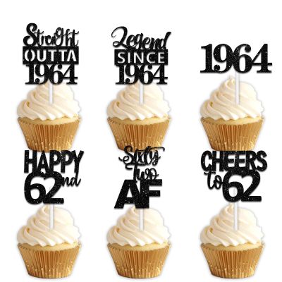 18pcs Black Glitter Dessert Cupcake Pick for Straight Outta 1964 Legend Since 1964 Theme Decor Supplies Men Happy 62nd Birthday Party Decoration