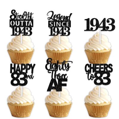 18pcs Black Glitter Dessert Cupcake Pick for Straight Outta 1943 Legend Since 1943 Theme Decor Supplies Men Happy 83rd Birthday Party Decoration