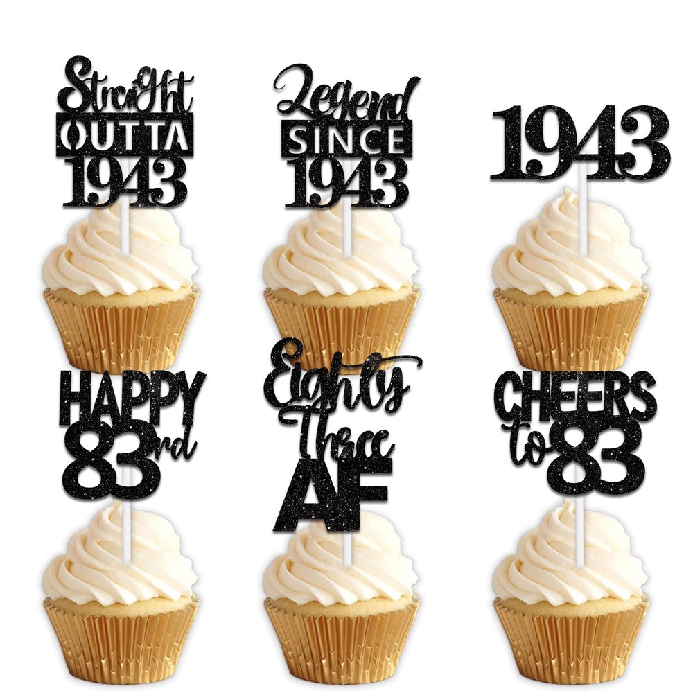 18pcs Black Glitter Dessert Cupcake Pick for Straight Outta 1943 Legend Since 1943 Theme Decor Supplies Men Happy 83rd Birthday Party Decoration