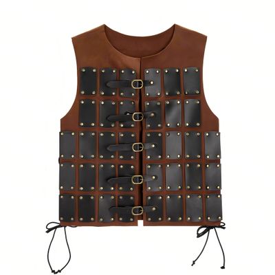 Medieval Steampunk Armor Vest, PU Leather with Brass Buckles and Rivets, Gothic Cosplay Costume, Brown and Black (Flaxen Brown)