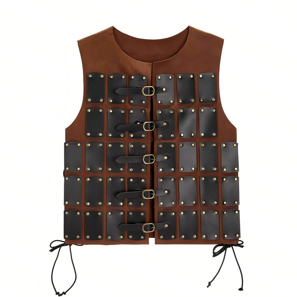 Medieval Steampunk Armor Vest, PU Leather with Brass Buckles and Rivets, Gothic Cosplay Costume, Brown and Black (Flaxen Brown)