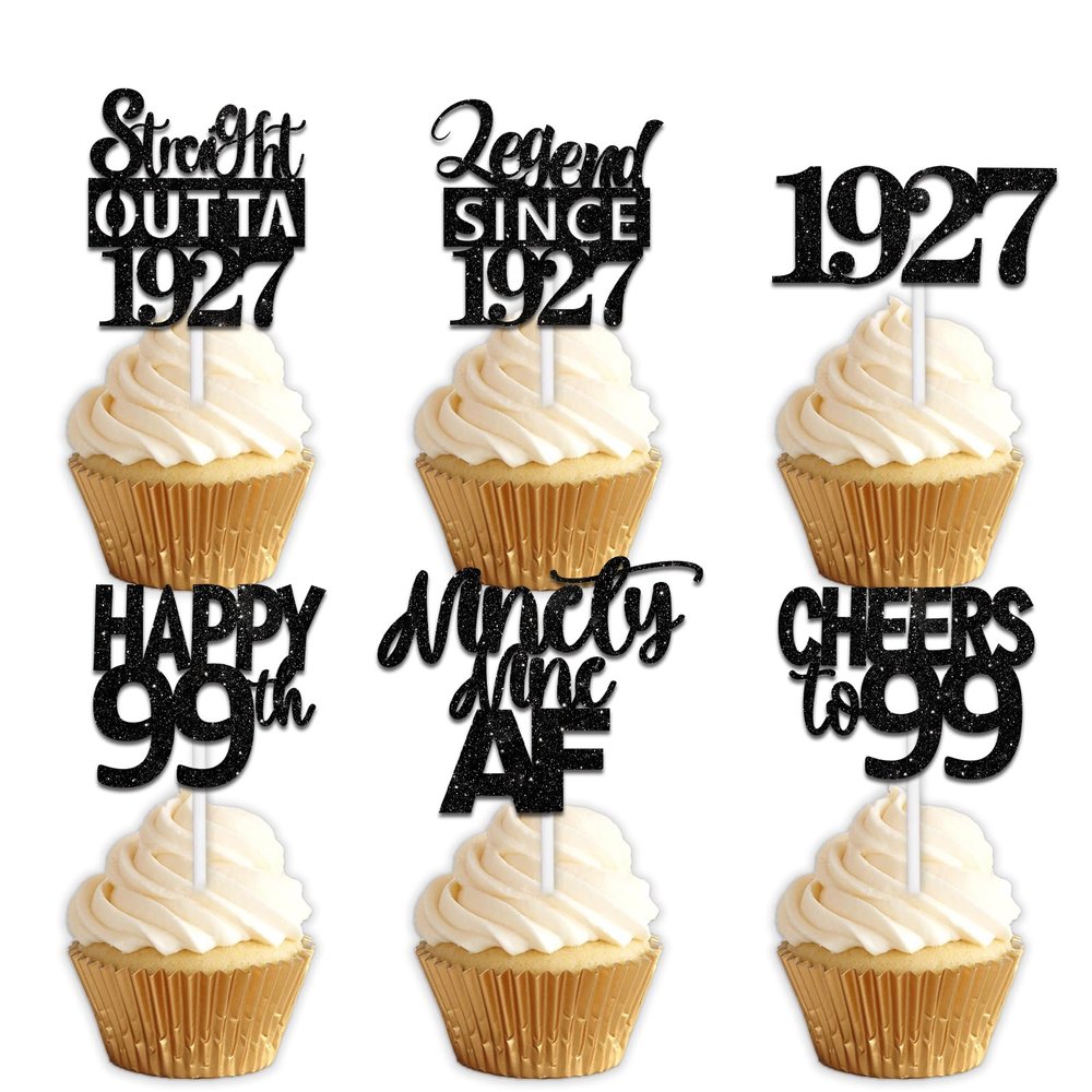 18pcs Black Glitter Dessert Cupcake Pick for Straight Outta 1927 Legend Since 1927 Theme Decor Supplies Men Happy 99th Birthday Party Decoration