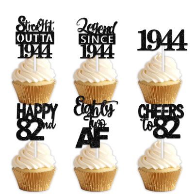 18pcs Black Glitter Dessert Cupcake Pick for Straight Outta 1944 Legend Since 1944 Theme Decor Supplies Men Happy 82nd Birthday Party Decoration