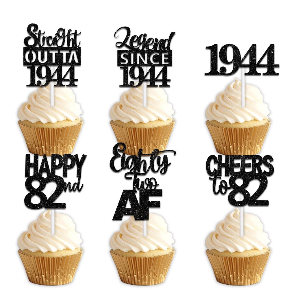 18pcs Black Glitter Dessert Cupcake Pick for Straight Outta 1944 Legend Since 1944 Theme Decor Supplies Men Happy 82nd Birthday Party Decoration