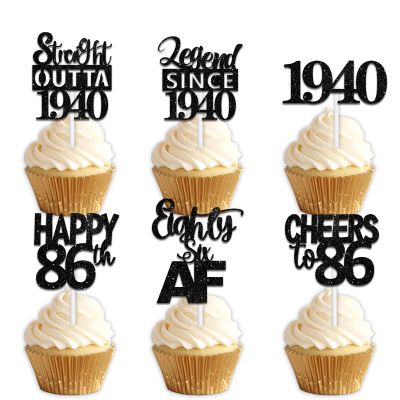 18pcs Black Glitter Dessert Cupcake Pick for Straight Outta 1940 Legend Since 1940 Theme Decor Supplies Men Happy 86th Birthday Party Decoration