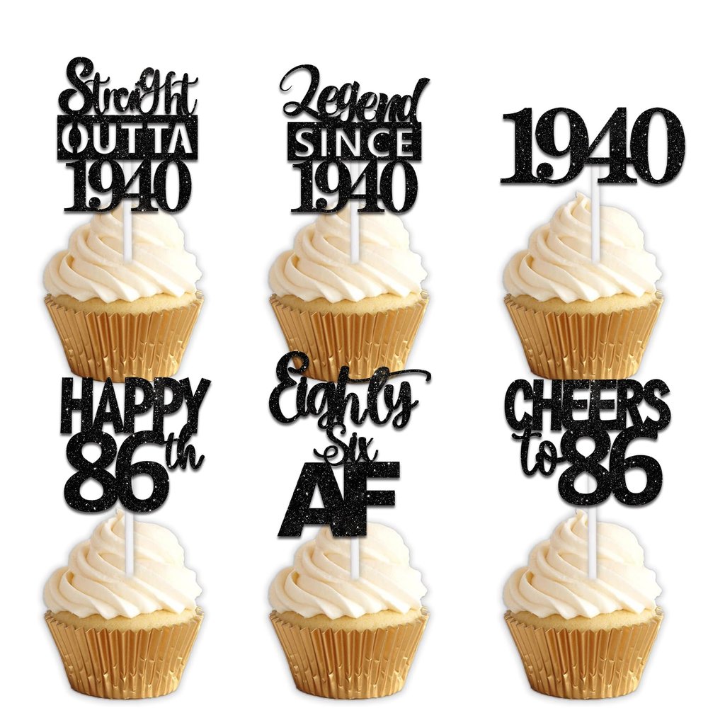 18pcs Black Glitter Dessert Cupcake Pick for Straight Outta 1940 Legend Since 1940 Theme Decor Supplies Men Happy 86th Birthday Party Decoration