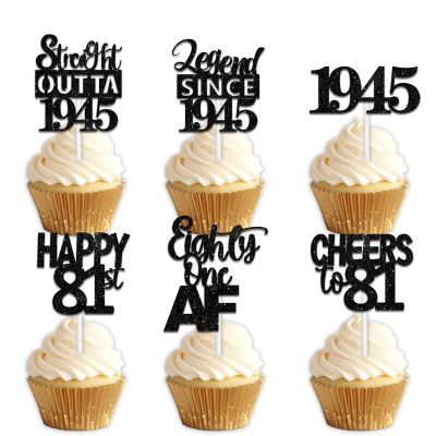 18pcs Black Glitter Dessert Cupcake Pick for Straight Outta 1945 Legend Since 1945 Theme Decor Supplies Men Happy 81st Birthday Party Decoration