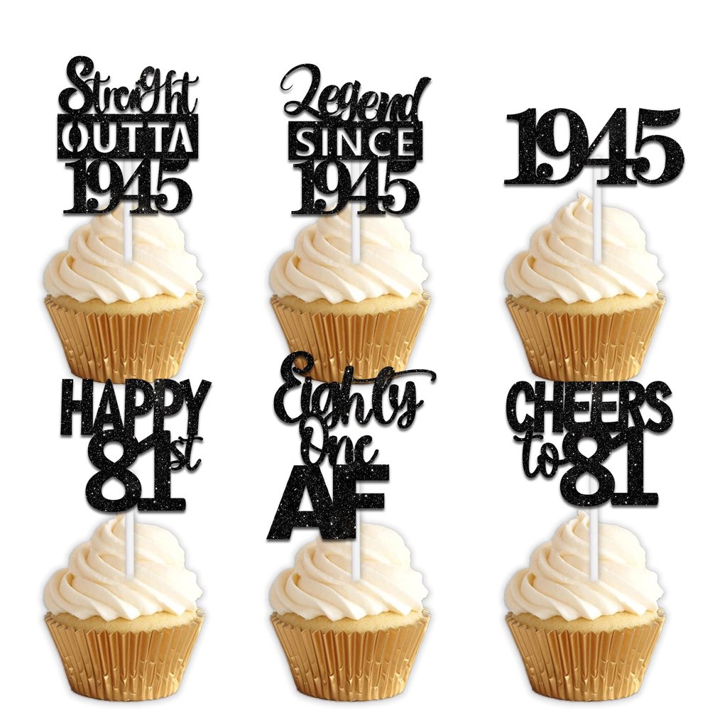 18pcs Black Glitter Dessert Cupcake Pick for Straight Outta 1945 Legend Since 1945 Theme Decor Supplies Men Happy 81st Birthday Party Decoration