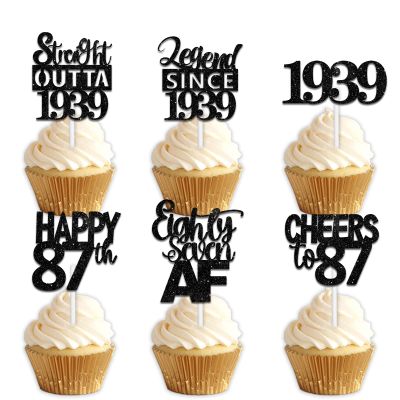 18pcs Black Glitter Dessert Cupcake Pick for Straight Outta 1939 Legend Since 1939 Theme Decor Supplies Men Happy 87th Birthday Party Decoration