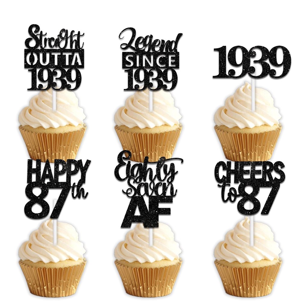 18pcs Black Glitter Dessert Cupcake Pick for Straight Outta 1939 Legend Since 1939 Theme Decor Supplies Men Happy 87th Birthday Party Decoration