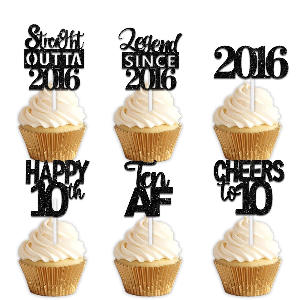 18pcs Black Glitter Dessert Cupcake Pick for Straight Outta 2016 Legend Since 2016 Theme Decor Supplies Men Happy 10th Birthday Party Decoration