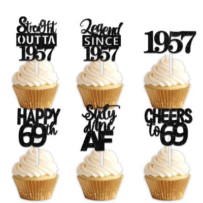 18pcs Black Glitter Dessert Cupcake Pick for Straight Outta 1957 Legend Since 1957 Theme Decor Supplies Boys Happy 69th Birthday Party Decoration