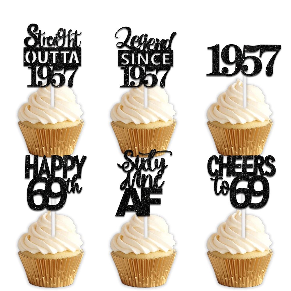 18pcs Black Glitter Dessert Cupcake Pick for Straight Outta 1957 Legend Since 1957 Theme Decor Supplies Boys Happy 69th Birthday Party Decoration